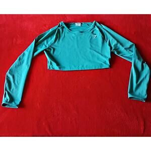 Gym Shark Womens Crop Top Activewear Long Sleeve Teal Thumb Hole Women Size L